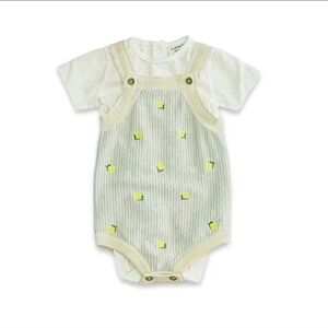 Lemon Stripe Embroidered Knit Baby Romper Set
